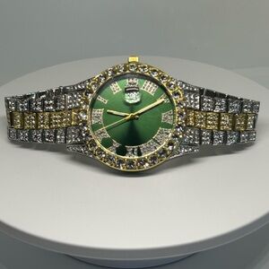 Green Dial Iced Out Watch Gold Silver Two Tone Quartz